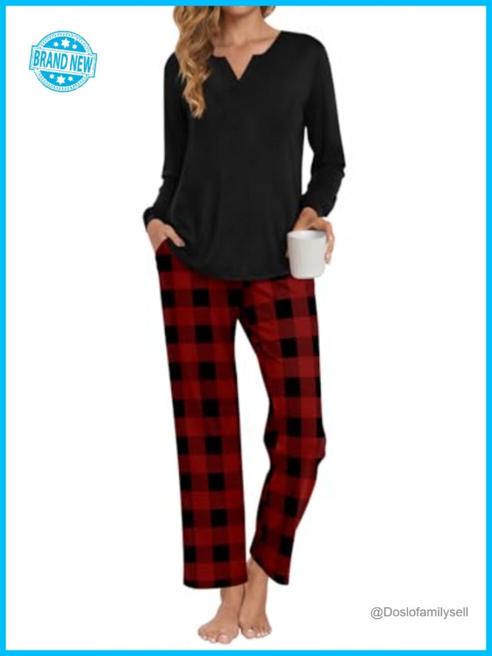 Women's 2 Piece Pajama Set Long Sleeve V-Neck Top Pants Pockets Sleepwear